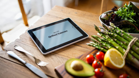 A tablet computer on a rustic wooden table showing a grilled salmon recipe surrounded by fresh asparagus avocado halved cherry tomatoes a lemon and a bowl of mixed greens with silverware.