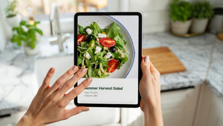 Close-up of a womans hands holding a tablet displaying a Summer Harvest Salad recipe with greens, tomatoes, olives, and feta in a bright kitchen with marble countertops and herb pots