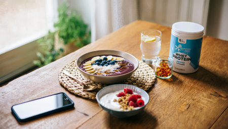 An acai smoothie bowl topped with blueberries and banana sits beside a whey protein container small yogurt bowl with raspberries and a glass of lemon water on a warm wooden morning table