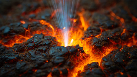 Dramatic extreme close-up of metal fusion process showing a brilliant blue-white plasma arc shooting upward surrounded by bright orange molten metal fire on rough textured dark steel surface.