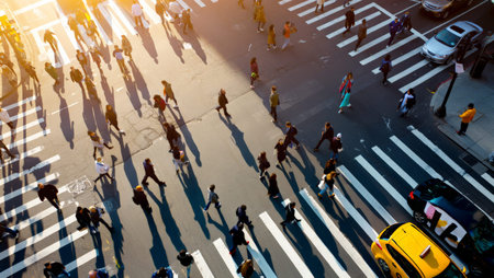 Top-down aerial view of a busy urban intersection at sunrise with dozens of pedestrians casting dramatically long diagonal shadows across the crosswalk and road, with a yellow taxi visible.