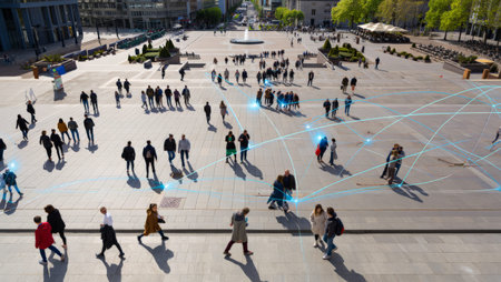 High aerial drone perspective over a sunny open city square filled with walking pedestrians connected by glowing blue digital network lines overlaid on the scene, suggesting connectivity.