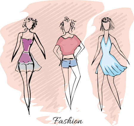 three abstract painted stylish girls in fashionable clothesのイラスト素材