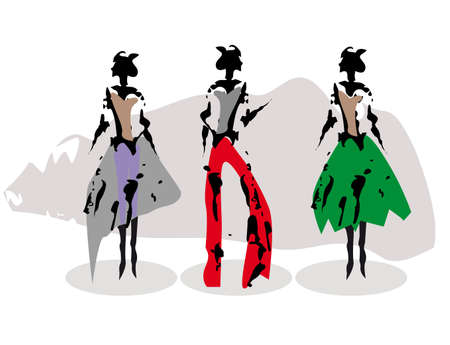 three abstract black silhouettes of models in fashionable clothingのイラスト素材