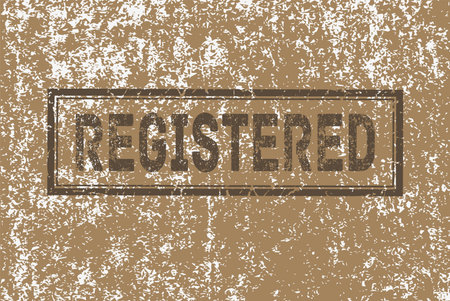 Rubber sealing stamp with scratched texture. Vector print of gray ink on a beige background. The text is registered.のイラスト素材