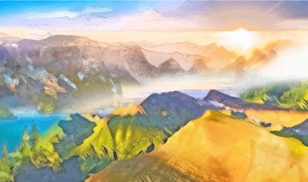 landscape, mountains, lake and sunset, painted on canvas with acrylic. Vector illustrationのイラスト素材