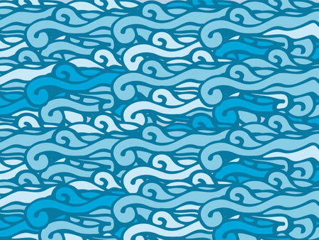 Abstract blue sea waves, art pattern, hand drawing. Vector illustration