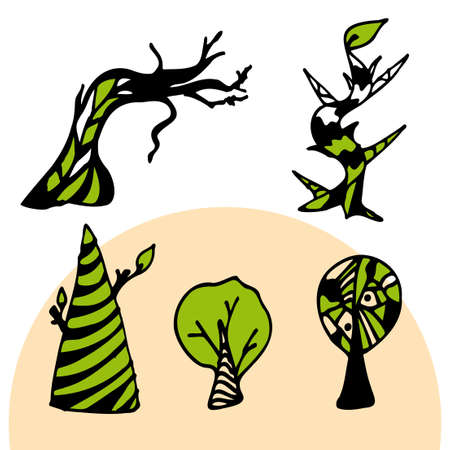 Sets of trees in an abstract twisted style. Vector illustrationのイラスト素材