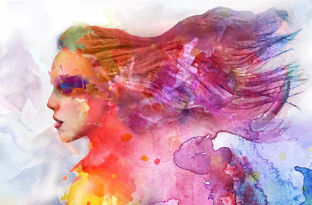 Watercolor Art Face of a girl in paint with beautiful long hair, vector abstract illustrationの写真素材