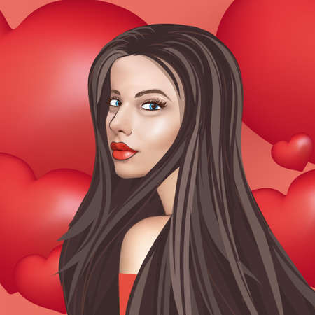 Pop art female face. Sexy young woman in love against a background of red hearts. Vector illustrationのイラスト素材