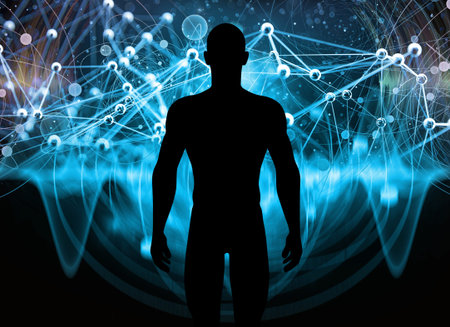 Composition of human silhouette and abstract elements of quantum physics, design and visualizationの写真素材