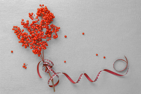 Sacred bamboo (Nandina Domestica). Overhead view, copy space in the middle.の写真素材