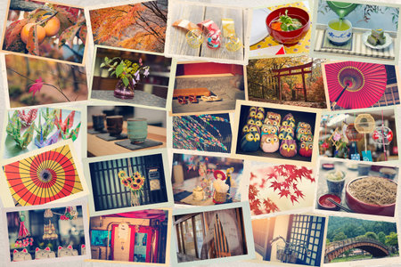 Collage of photos taken while traveling in Japan against the background of Japanese paper. Toned.