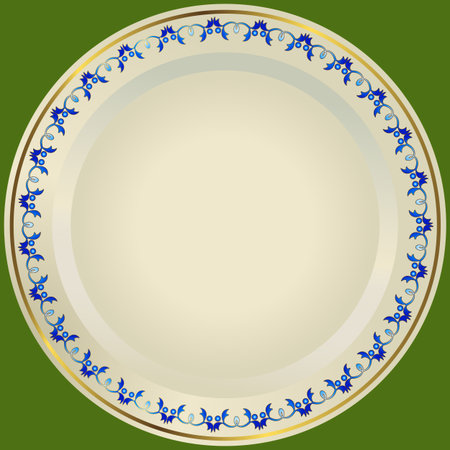 Old-fashioned white plate with a gold and blue ornamentのイラスト素材