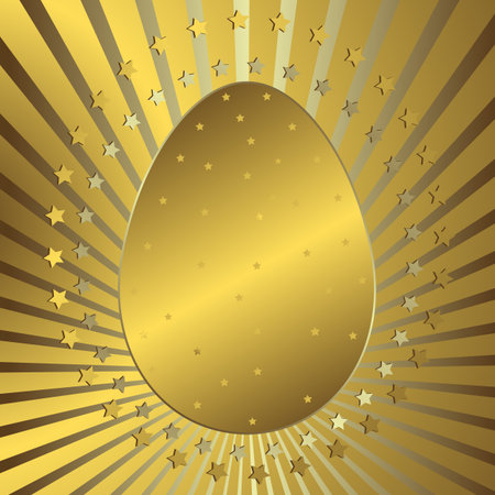Golden background with easter egg, silvery beams and starsのイラスト素材