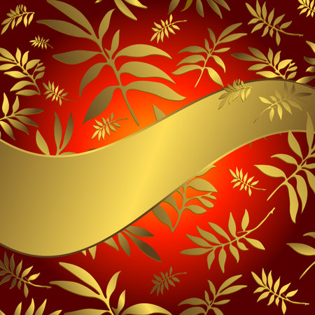 Red floral background with wave golden banner and leavesのイラスト素材