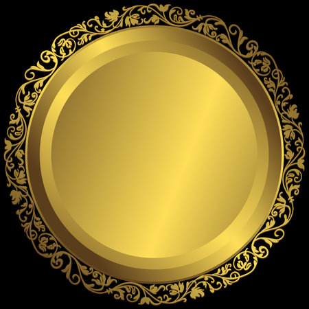 Golden plate with vintage ornament on black background (vector)のイラスト素材