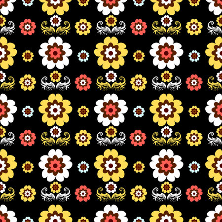 Floral seamless black background with flowersのイラスト素材