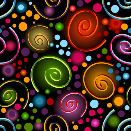 Abstract seamless black pattern with bright shone curls and balls のイラスト素材