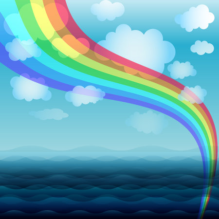 Bright spring background with a rainbow, clouds and seaのイラスト素材