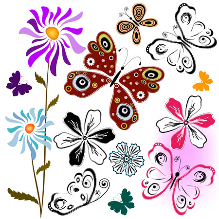 Set abstract butterflies and flowers for design on white のイラスト素材