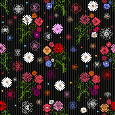 Seamless floral grey striped pattern with curls and bouquets のイラスト素材