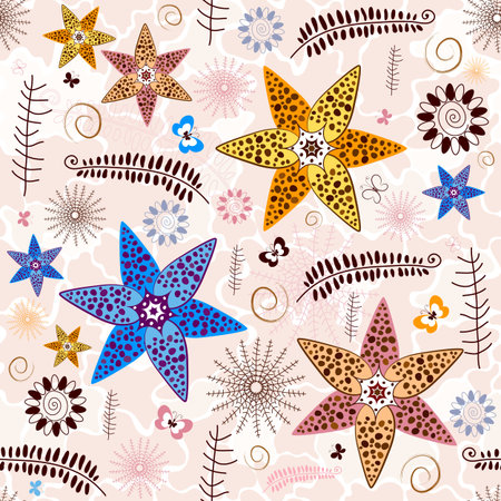 Pink-white seamless floral pattern with flowers and butterflies のイラスト素材