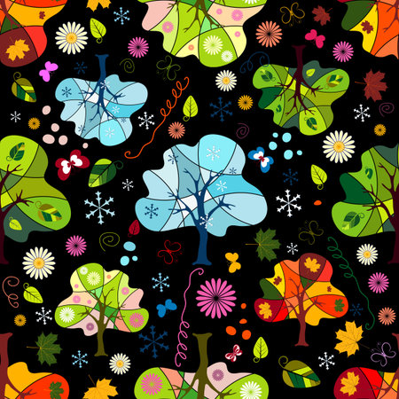 Seamless floral dark pattern with trees, flowers and butterfliesのイラスト素材