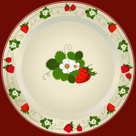 White plate with strawberries and flowersのイラスト素材