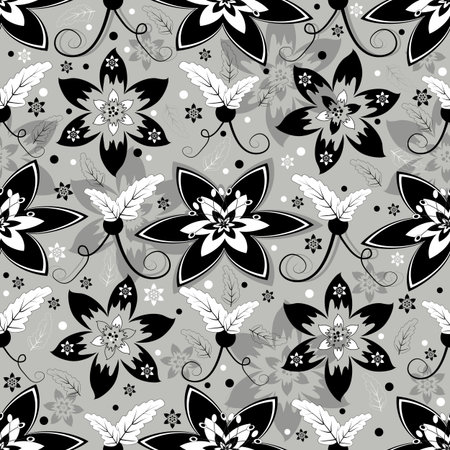 White, grey and black seamless floral pattern with lily flowers のイラスト素材