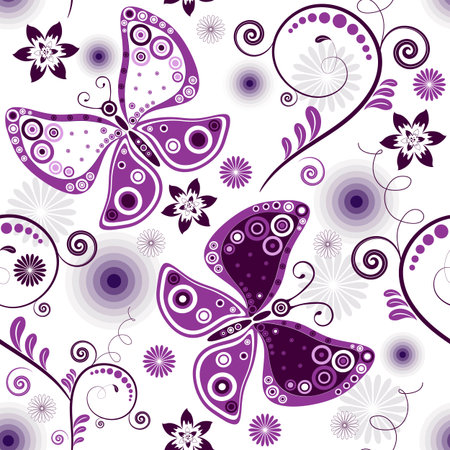Repeating floral white pattern with violet flowers and butterfliesのイラスト素材