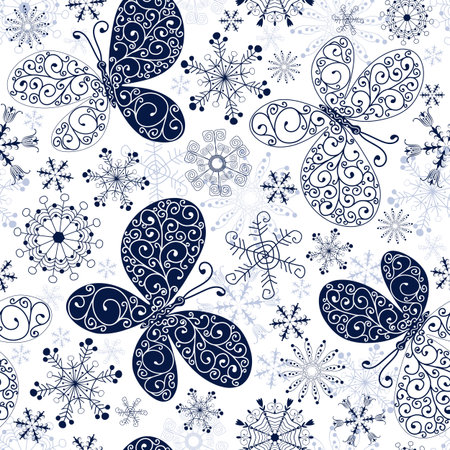 Seamless white-blue christmas pattern with snowflakes and butterfliesのイラスト素材