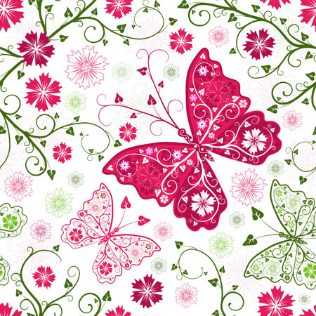 Seamless floral white pattern with flowers and butterfliesのイラスト素材