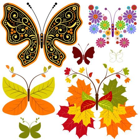 Set abstract floral butterflies for design on white (vector)のイラスト素材