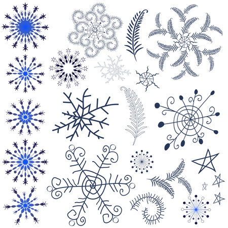 Collection dark blue snowflakes and design elements isolated on white のイラスト素材