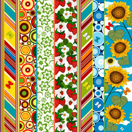 Decorative seamless striped colorful summer border with floral application (vector)のイラスト素材