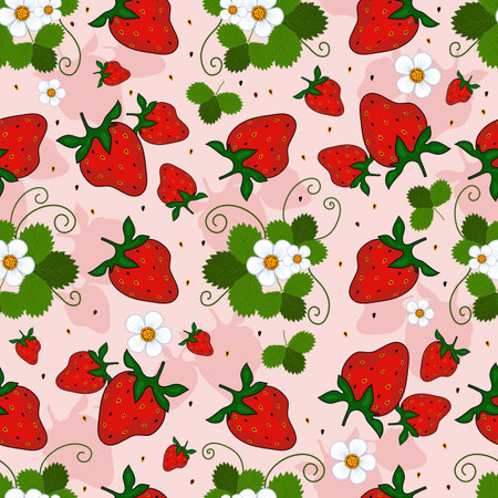 Pink repeating pattern with a strawberry, leaves and flowers (vector)のイラスト素材