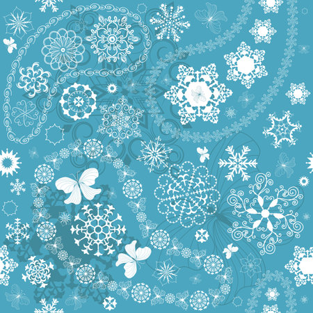 Christmas seamless blue pattern with white snowflakes and paisley のイラスト素材