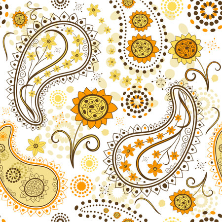 Effortless white floral pattern with sunflowers and paisley のイラスト素材