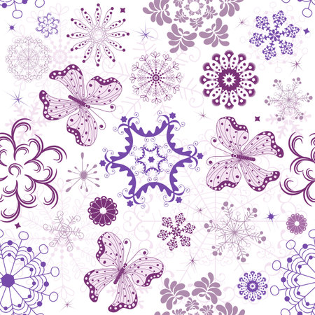 Seamless white-violet-pink christmas wallpaper with snowflakes and butterfliesのイラスト素材