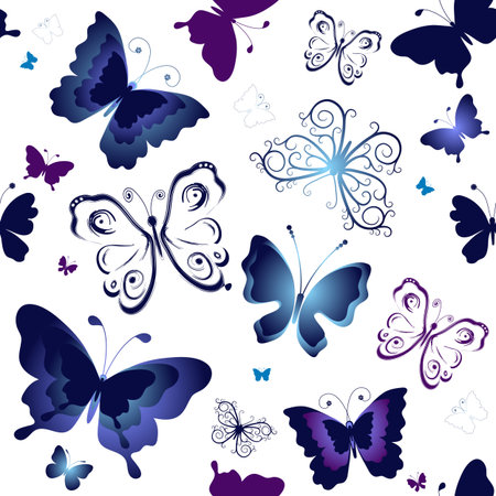 Seamless white pattern with blue and violet butterflies のイラスト素材