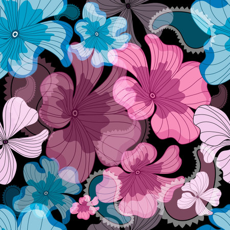 Seamless floral black pattern with pink and blue flowers  のイラスト素材