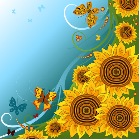 Spring bright background with sunflowers and butterfliesのイラスト素材
