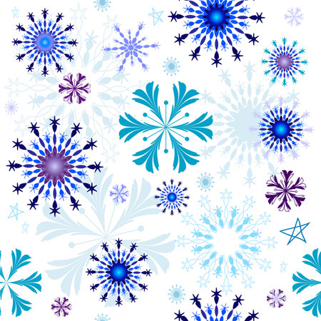 Seamless white christmas pattern with blue and violet snowflakesのイラスト素材