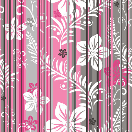 Pink-grey-white floral  seamless striped pattern のイラスト素材