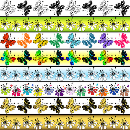 Set seamless vivid  borders with flowers and  butterflies のイラスト素材