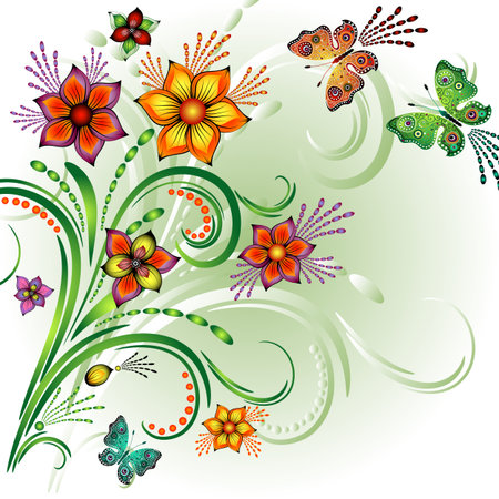 Spring bright frame with flowers and butterflies (vector)のイラスト素材