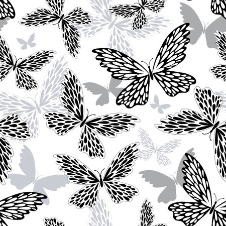Repeating white-black-grey pattern with silhouettes butterfliesのイラスト素材
