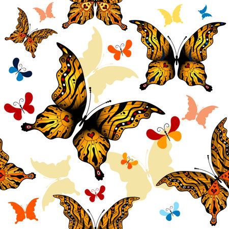 White seamless  wallpaper with colorful butterfliesのイラスト素材