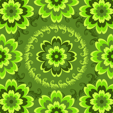 Repeating green floral pattern with vivid flowers (vector)のイラスト素材